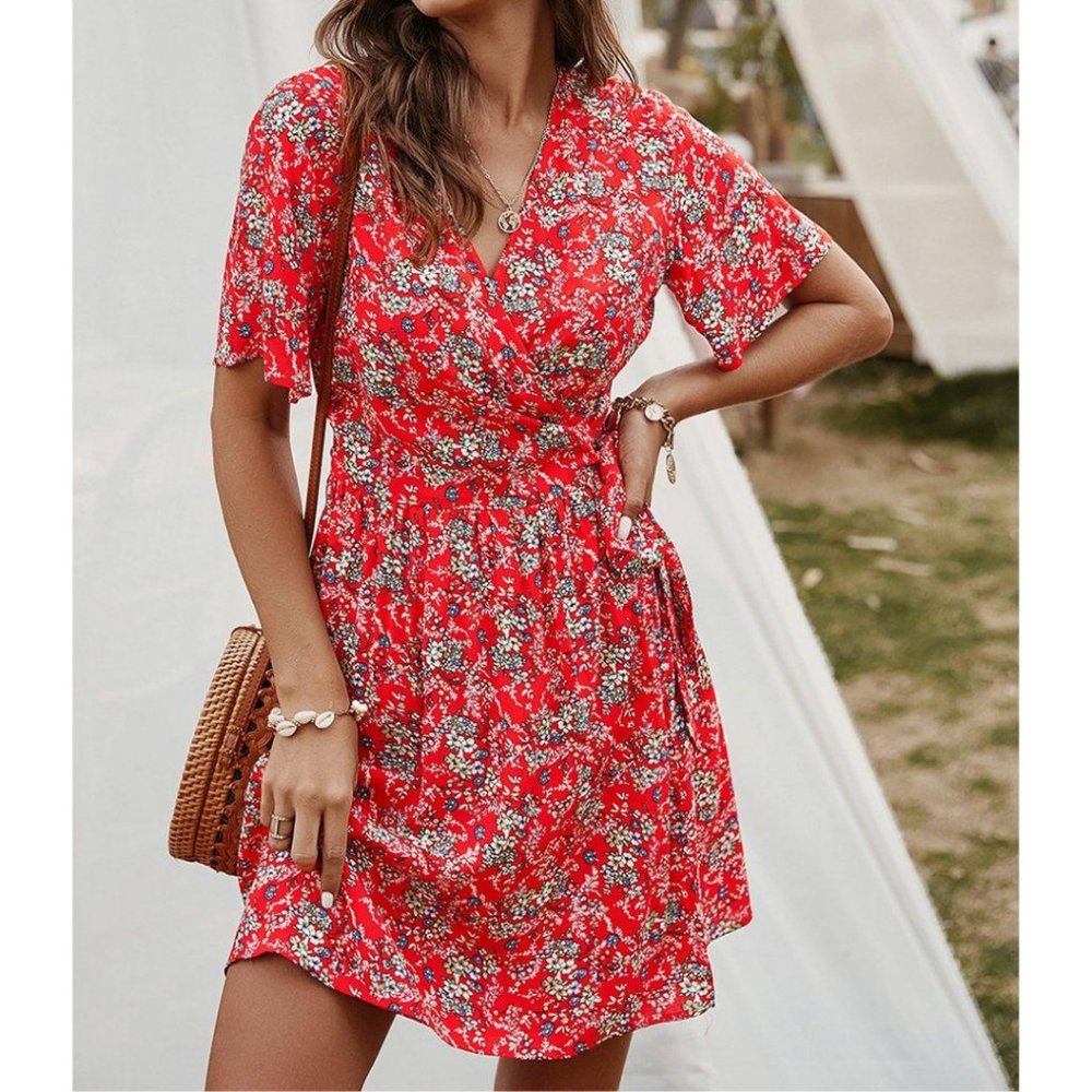 NWT Red Floral Short-Sleeve A-Line Wrap Dress